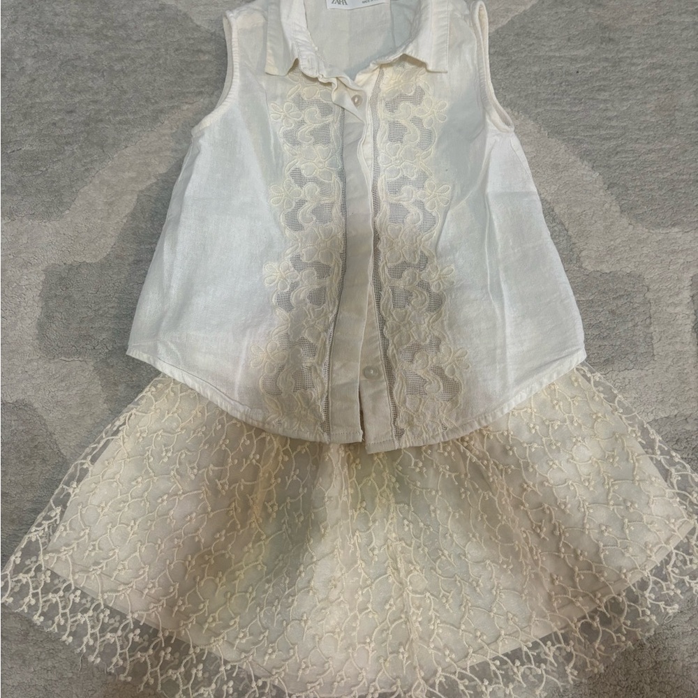 Zara Cream Lace Detail Top and Skirt Set